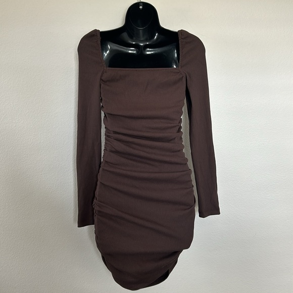 Princess Polly Portia Brown Long Sleeve Ribbed Ruched Mini Dress - Picture 9 of 12
